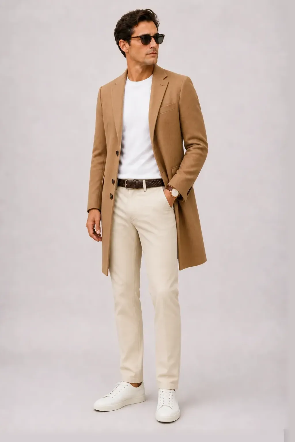 Langer Mantel Camel über T-Shirt, dazu Chino Creme und Chelsea Boot