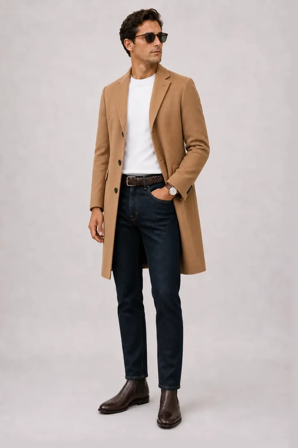 Langer Mantel Camel über T-Shirt Weiss, dazu Jeans Navy und Chelsea Boot