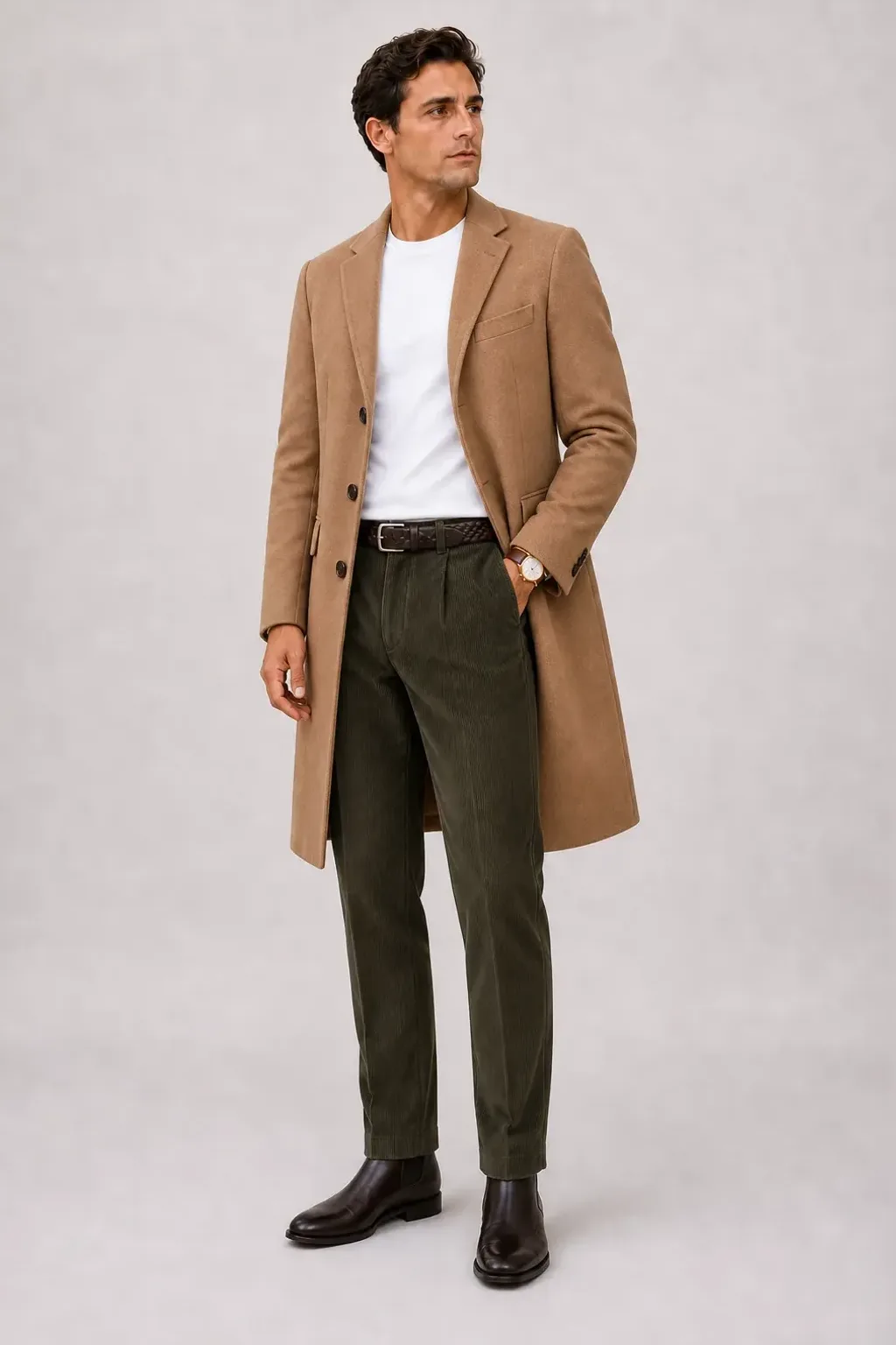 Langer Mantel Camel über T-Shirt Weiss, dazu Cordhose Oliv und Chelsea Boot