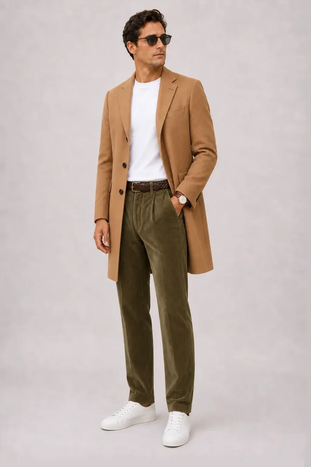 Langer Mantel Camel über T-Shirt Weiss, dazu Cordhose Oliv und Chelsea Boot