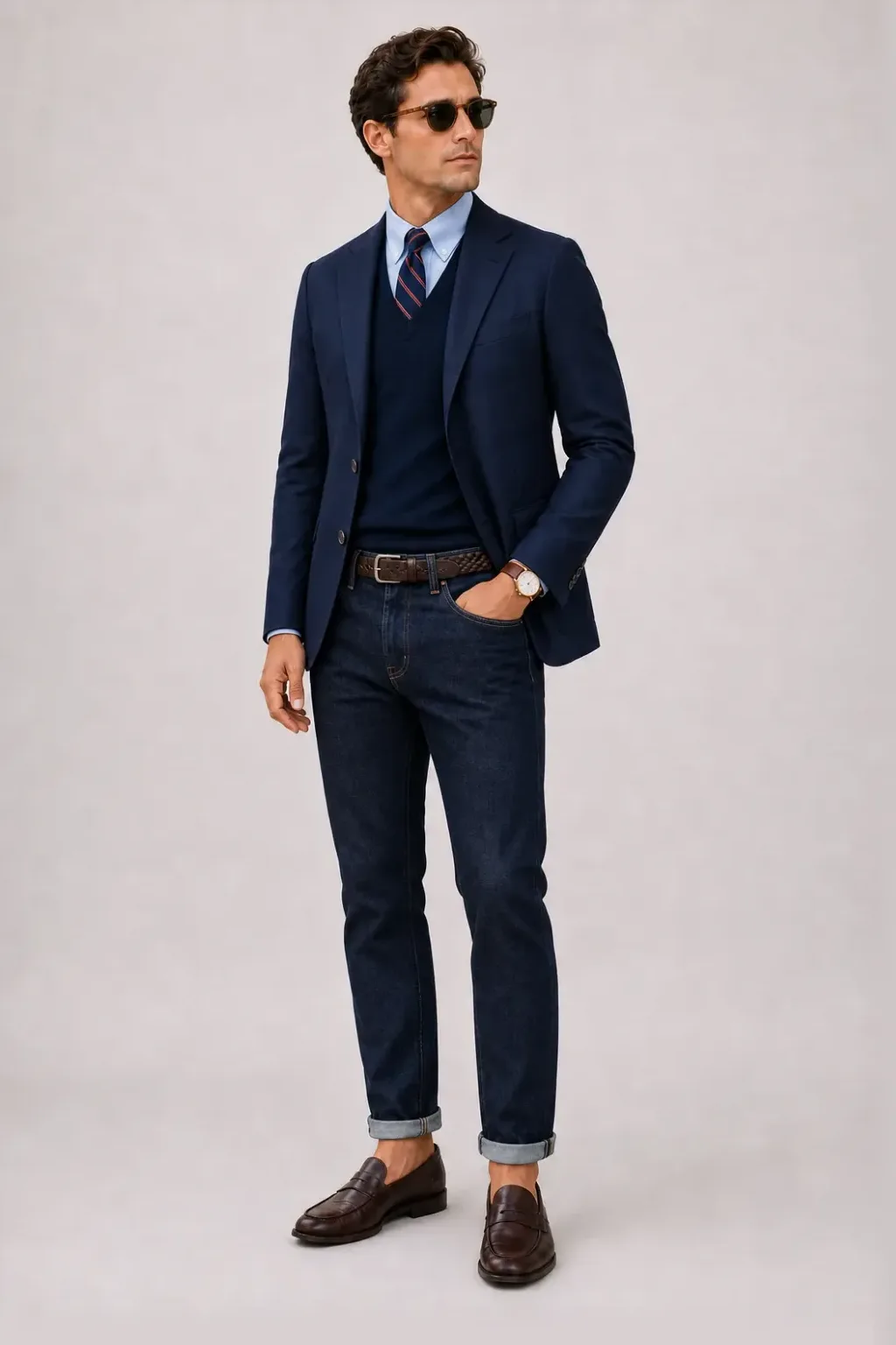 Sakko Navy über V-Neck-Pullover Feinstrick, dazu Jeans Navy und Penny Loafer