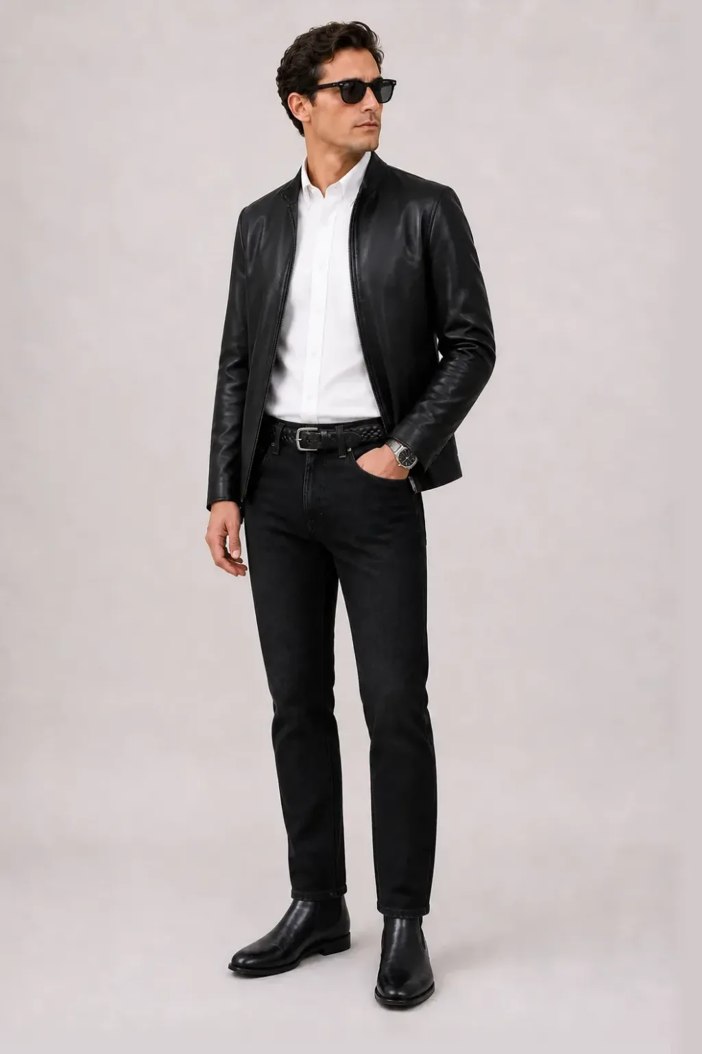 Lederjacke Schwarz über Button-Down-Hemd Weiss, dazu Jeans Schwarz und Chelsea Boot