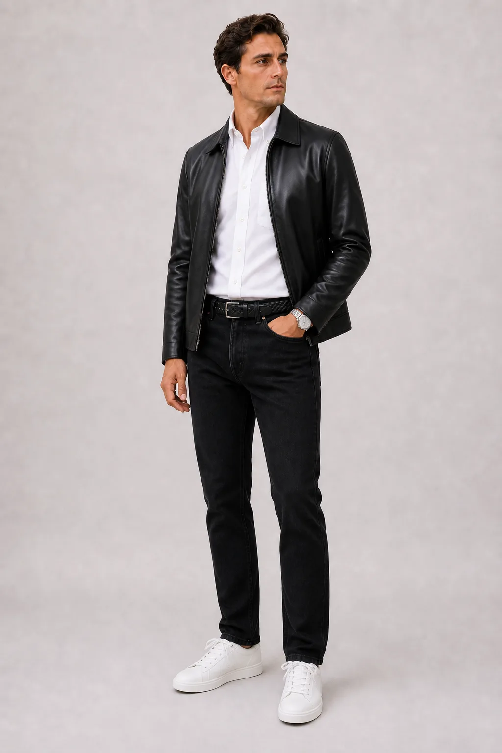 Lederjacke Schwarz über Button-Down-Hemd Weiss, dazu Jeans Schwarz und Chelsea Boot