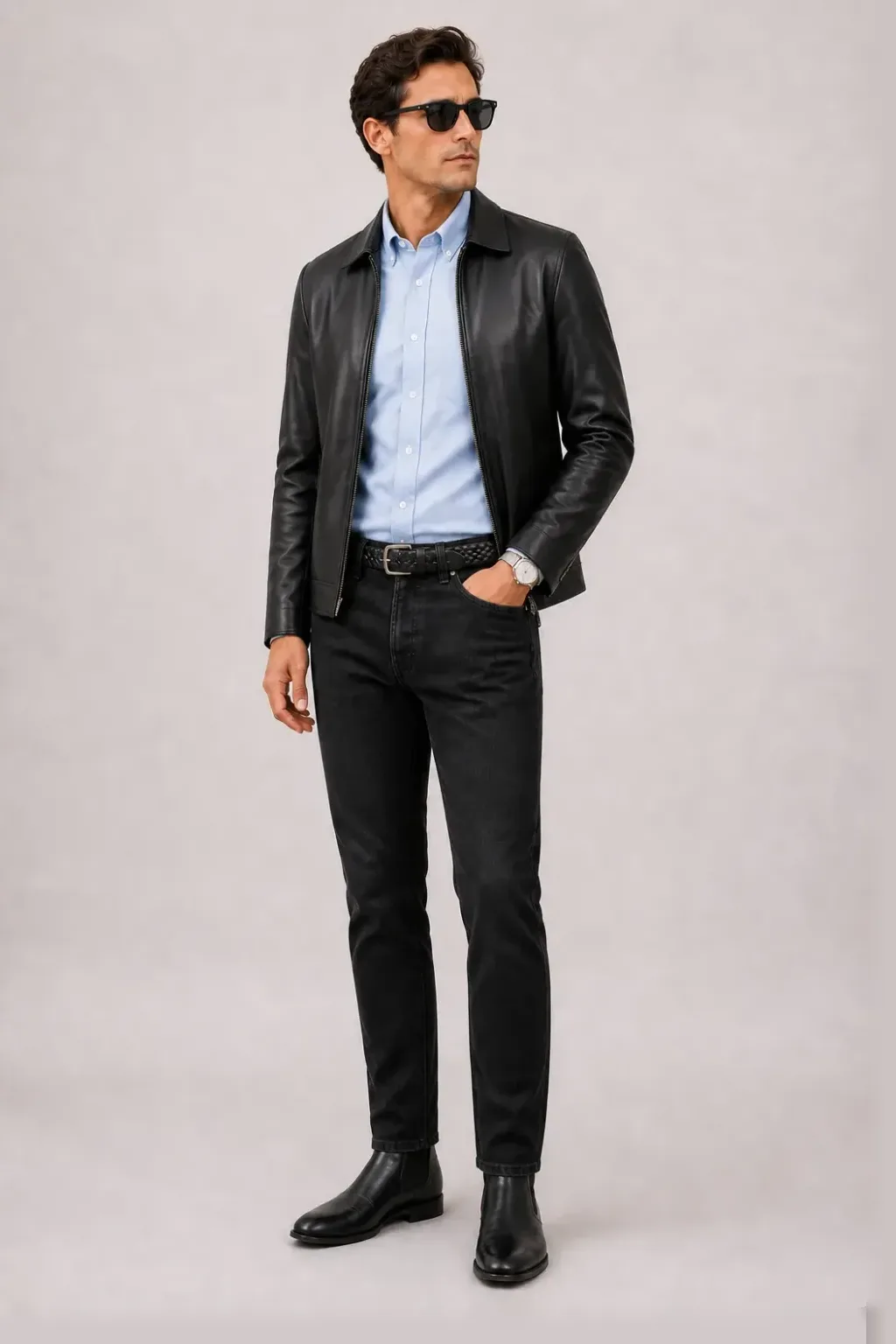 Lederjacke Schwarz über T-Shirt Hellgrau, dazu Jeans Schwarz und Chelsea Boot — Button-Down-Hemd Hellblau