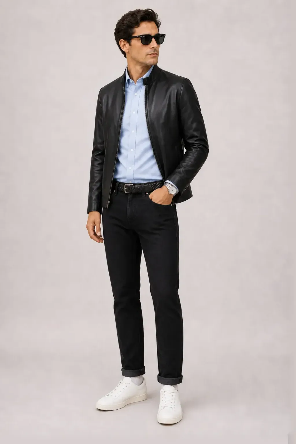 Lederjacke Schwarz über Button-Down-Hemd Hellblau, dazu Jeans Schwarz und Chelsea Boot