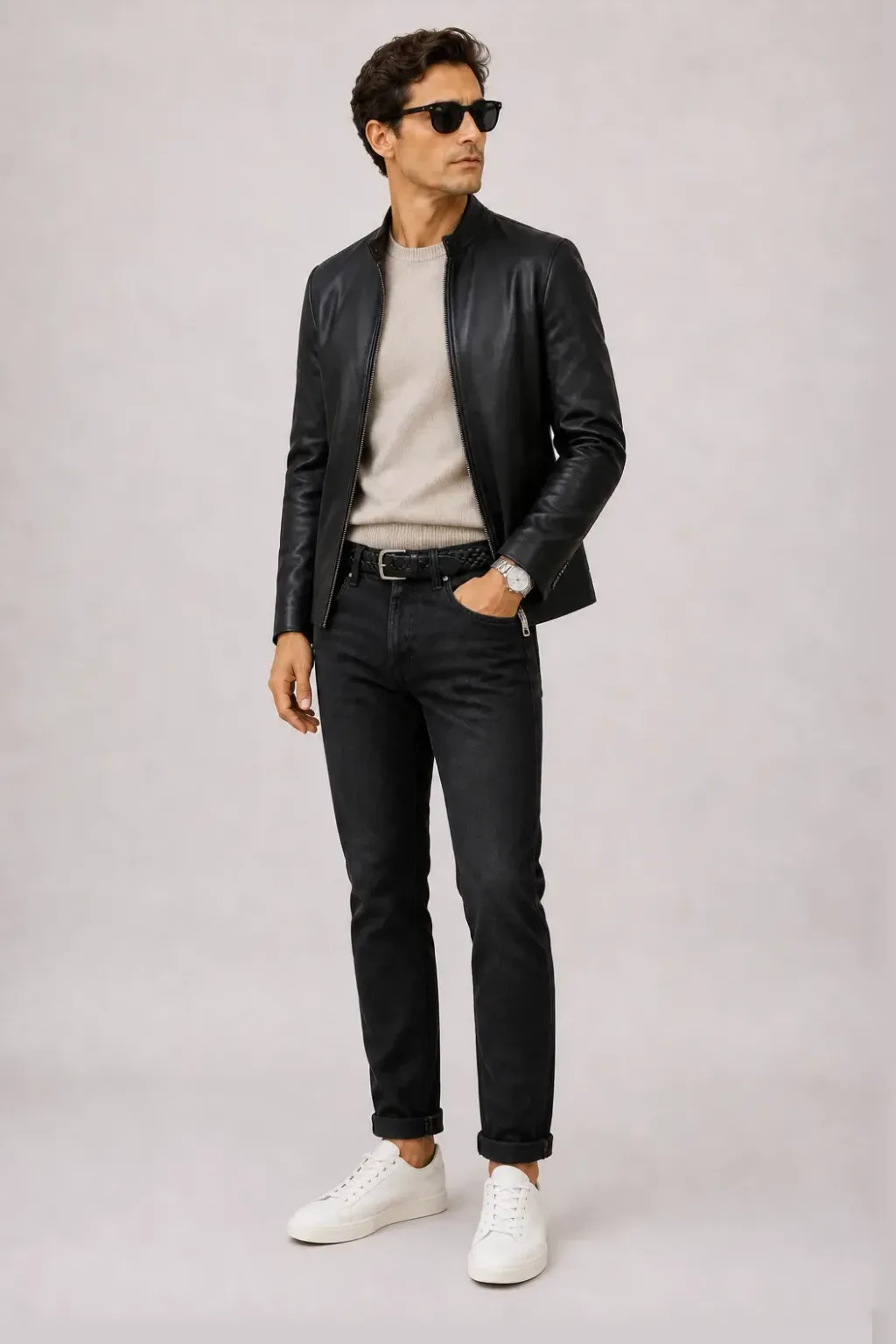 Lederjacke Schwarz über Crewneck-Pullover Feinstrick Beige, dazu Jeans Schwarz und Sneaker