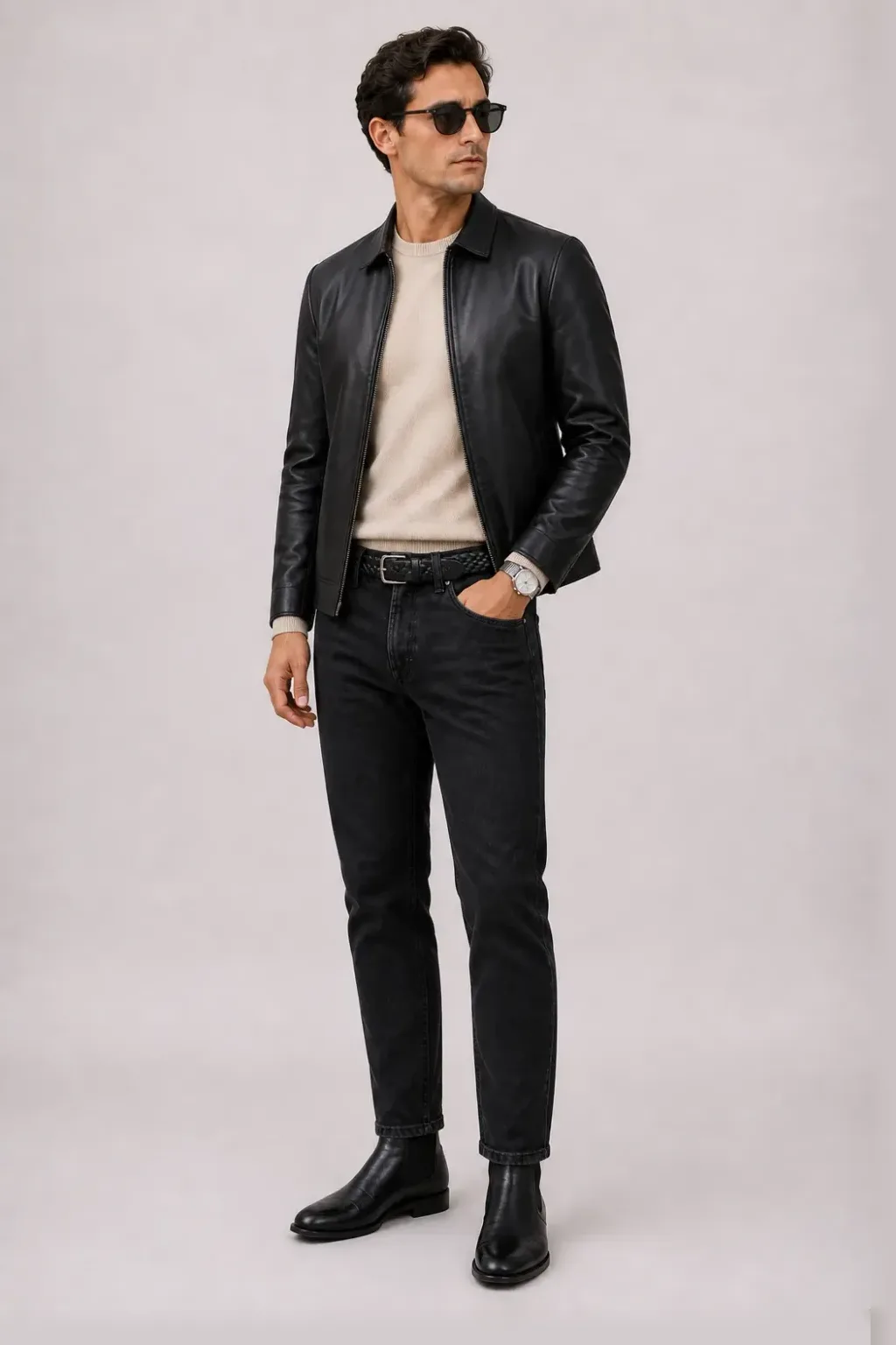 Lederjacke Schwarz über Crewneck-Pullover Feinstrick Beige, dazu Jeans Schwarz und Sneaker