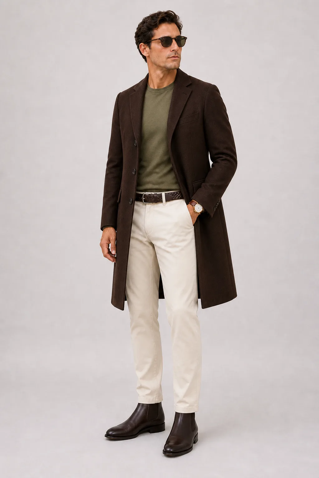 Langer Mantel Dunkelbraun über T-Shirt Hellgrau, dazu Chino Creme und Chelsea Boot — T-Shirt Oliv