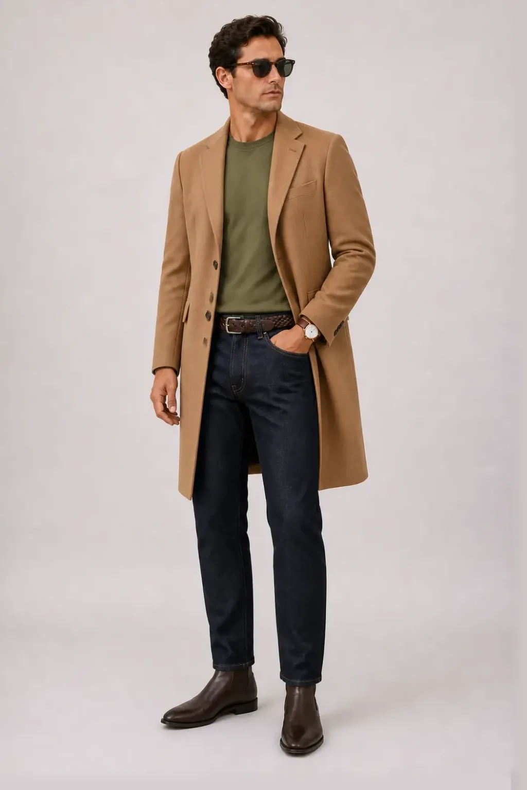 Langer Mantel Camel über Button-Down-Hemd, dazu Jeans Navy und Chelsea Boot — T-Shirt Oliv