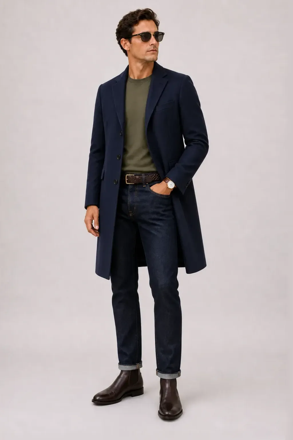 Langer Mantel Navy über T-Shirt Oliv, dazu Jeans Navy und Chelsea Boot