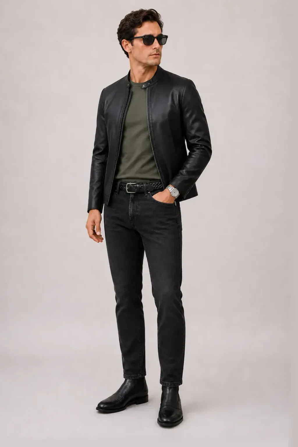 Lederjacke Schwarz über T-Shirt Oliv, dazu Jeans Schwarz und Chelsea Boot