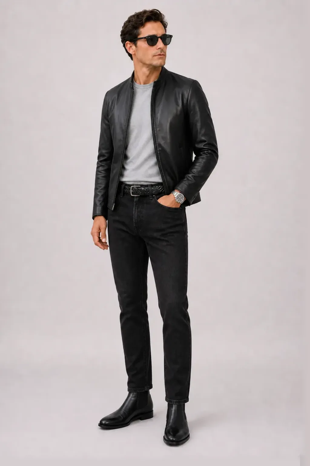 Lederjacke Schwarz über T-Shirt Hellgrau, dazu Jeans Schwarz und Chelsea Boot