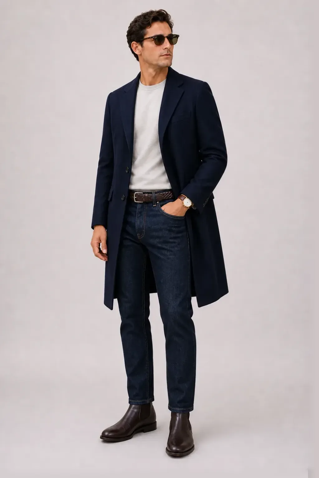 Langer Mantel Navy über T-Shirt Hellgrau, dazu Jeans Navy und Chelsea Boot