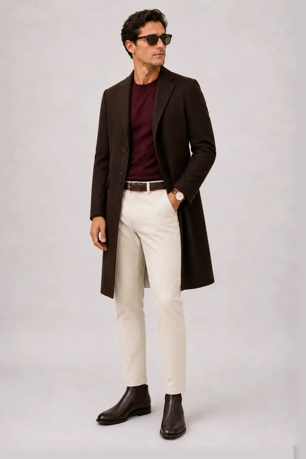Langer Mantel Dunkelbraun über T-Shirt Bordeaux, dazu Chino Creme und Chelsea Boot