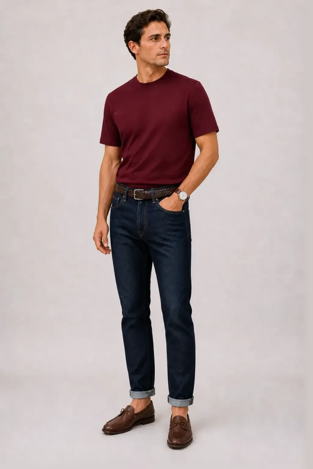 Strickpolo Navy, dazu Jeans Navy und Bootsschuh — T-Shirt Bordeaux