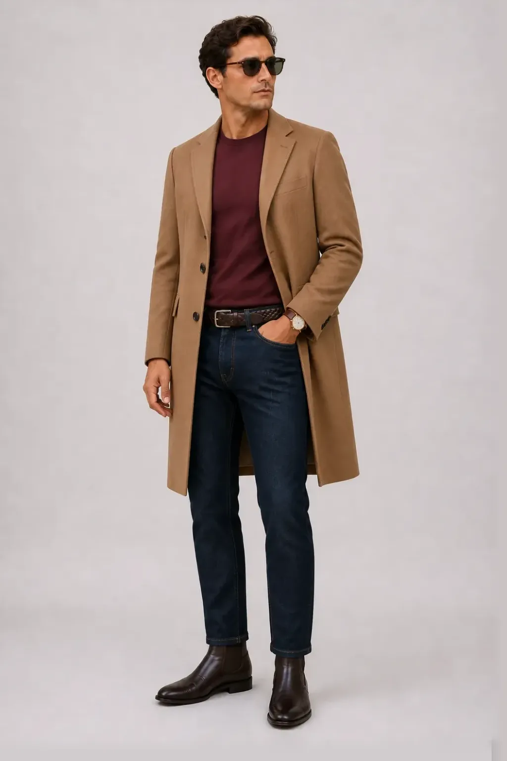 Langer Mantel Camel über T-Shirt Bordeaux, dazu Jeans Navy und Chelsea Boot