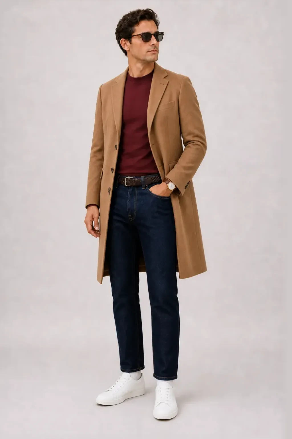 Langer Mantel Camel über T-Shirt Bordeaux, dazu Jeans Navy und Chelsea Boot