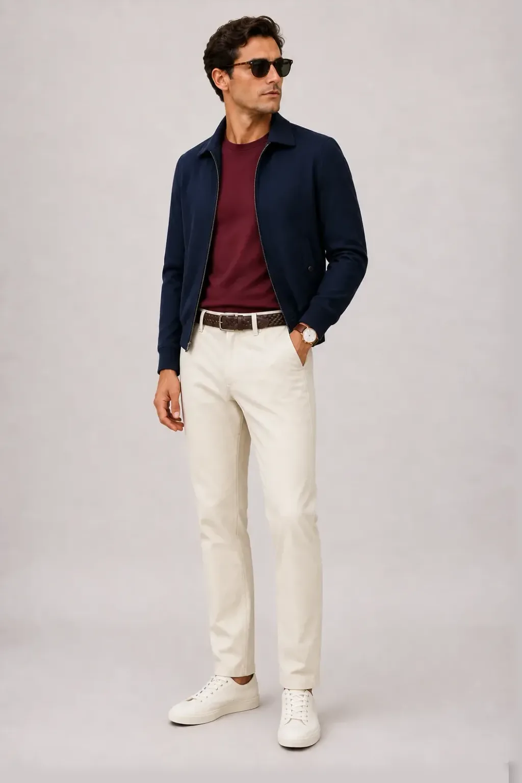 Harrington Blouson Navy über T-Shirt Oliv, dazu Chino Creme und Canvas Sneaker — T-Shirt Bordeaux
