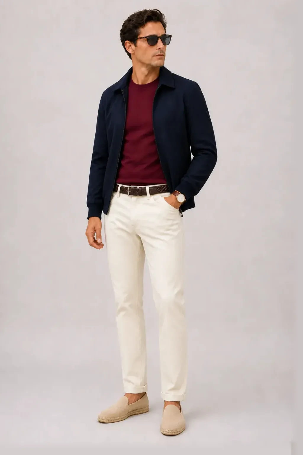 Harrington Blouson Navy über T-Shirt Bordeaux, dazu Chino Creme und Canvas Sneaker