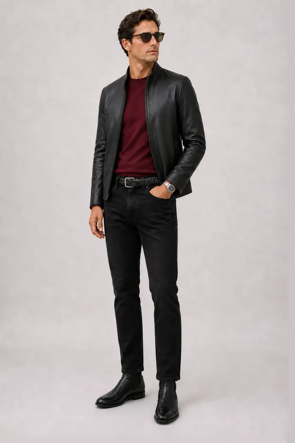 Lederjacke Schwarz über T-Shirt Hellgrau, dazu Jeans Schwarz und Chelsea Boot — T-Shirt Bordeaux