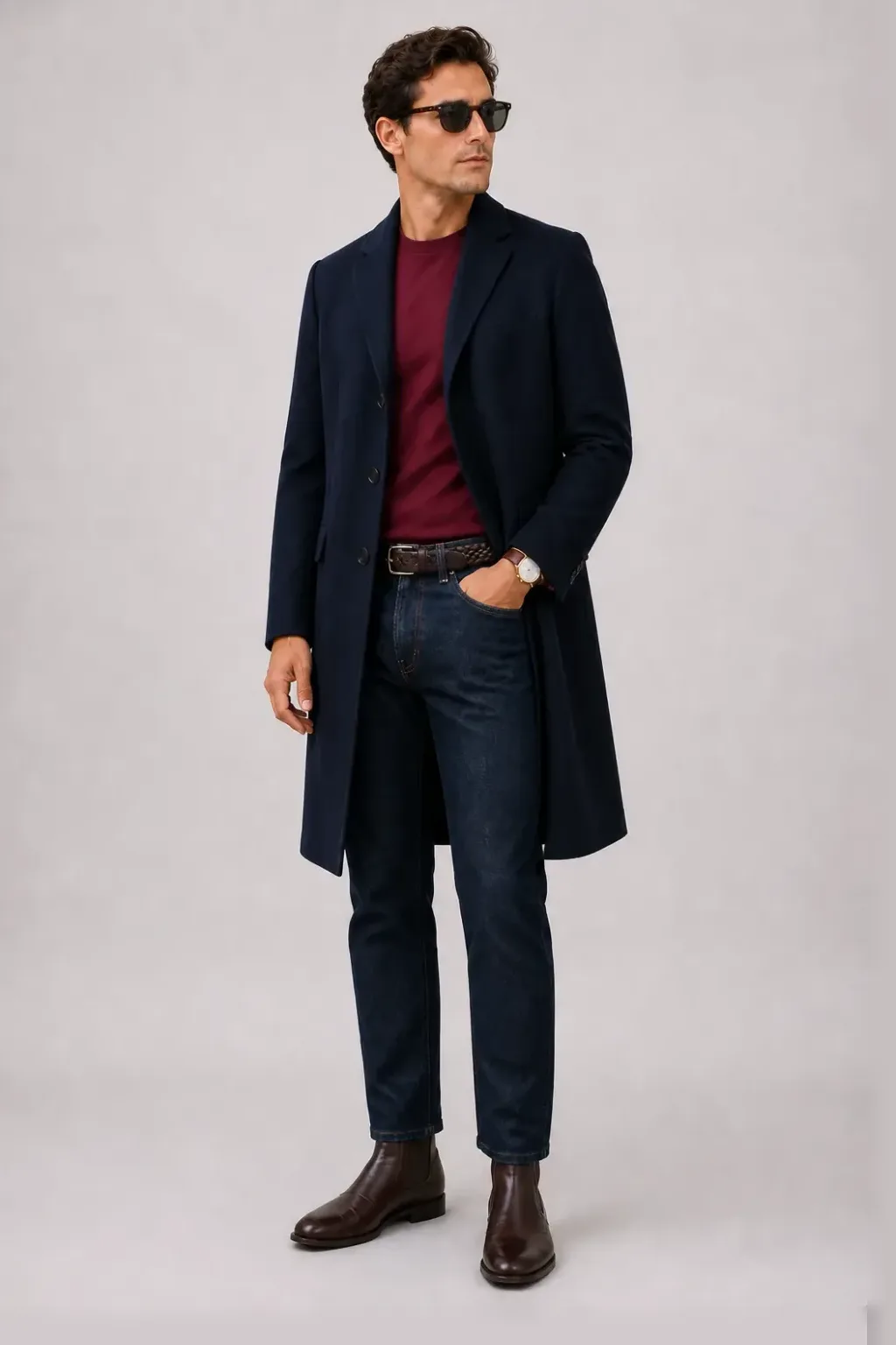 Langer Mantel Navy über T-Shirt Bordeaux, dazu Jeans Navy und Chelsea Boot