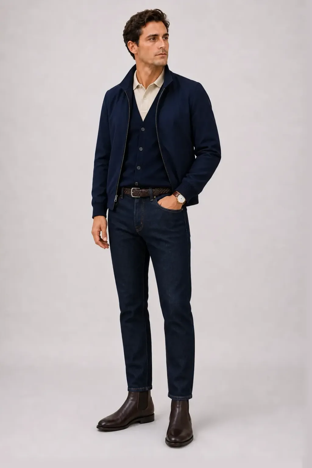 Harrington Blouson Navy über Cardigan Navy und Strickpolo Beige, dazu Jeans Navy und Chelsea Boot