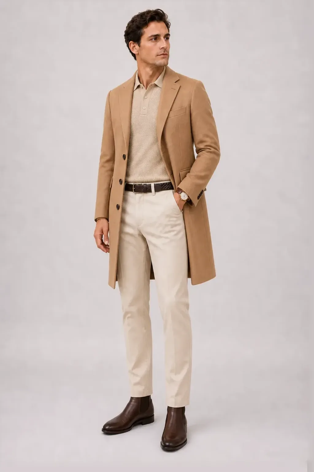 Langer Mantel Camel über Strickpolo Beige, dazu Chino Creme und Chelsea Boot