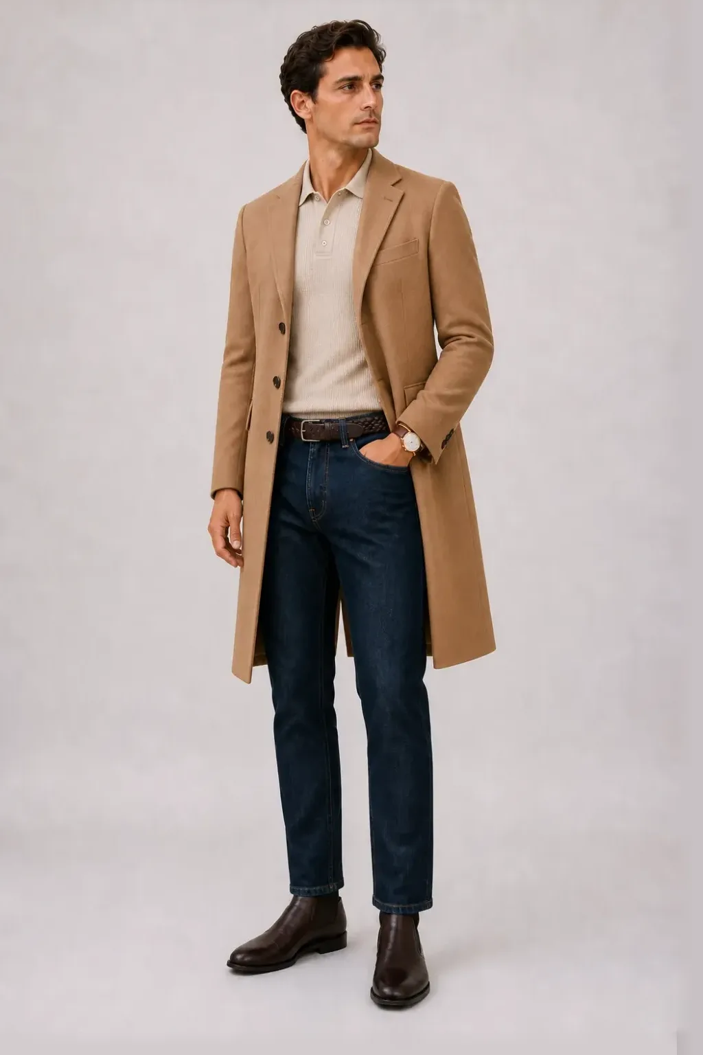 Langer Mantel Camel über Strickpolo Beige, dazu Jeans Navy und Chelsea Boot