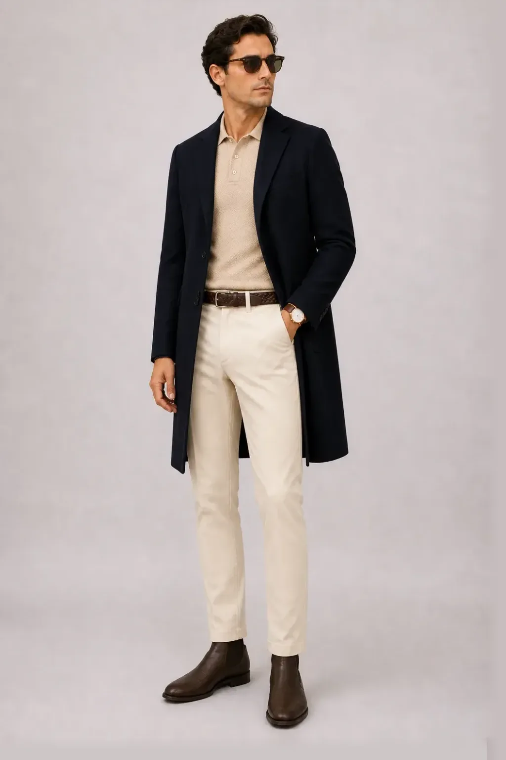 Langer Mantel Navy über Strickpolo Beige, dazu Chino Creme und Chelsea Boot