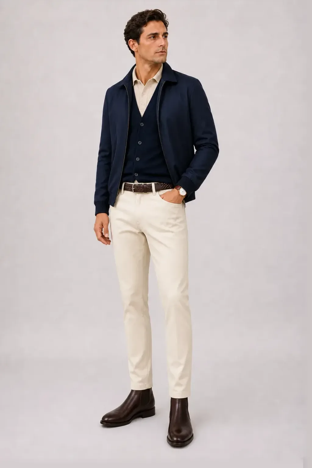 Harrington Blouson Navy über Cardigan Navy und Strickpolo Beige, dazu Chino Creme und Chelsea Boot