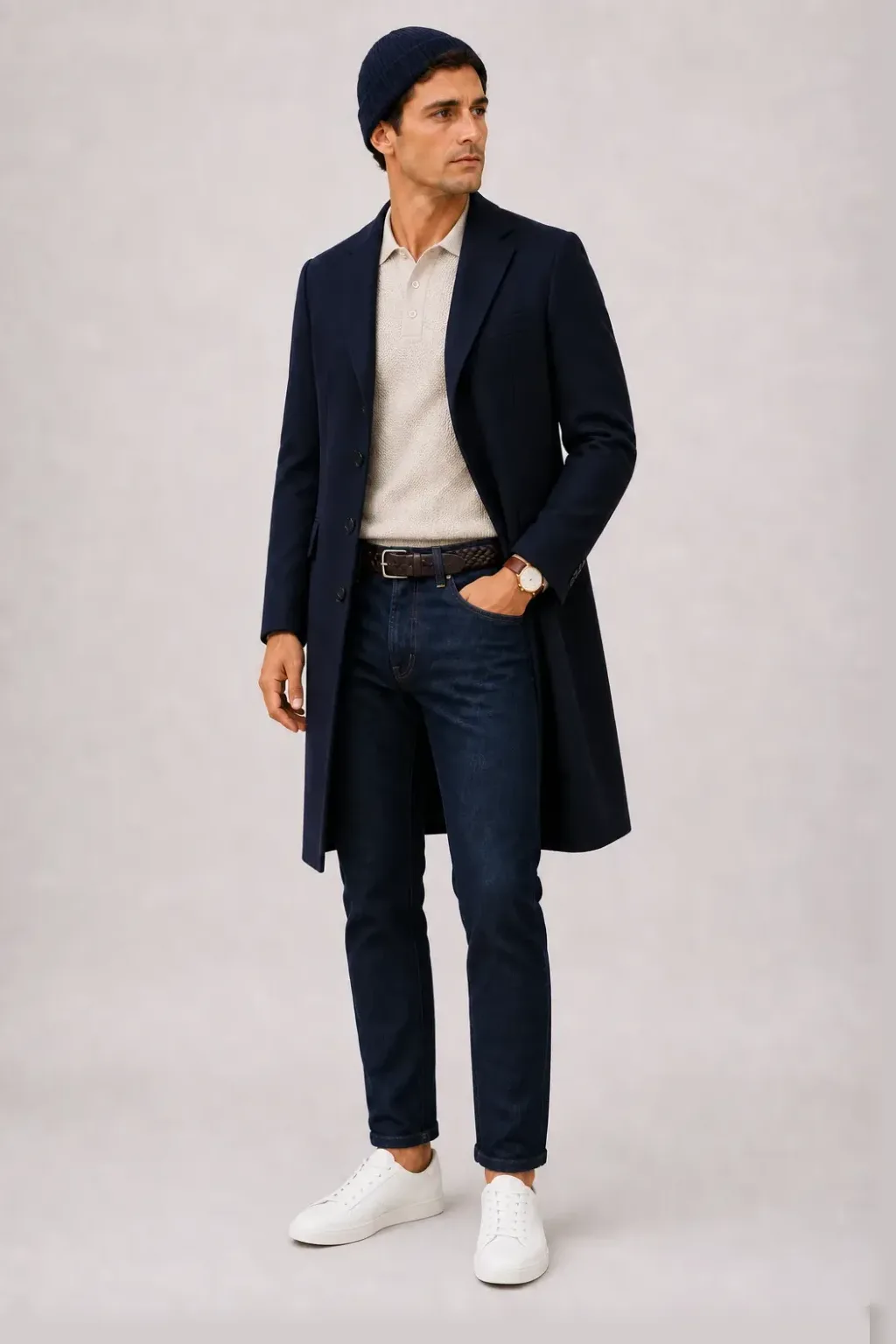 Langer Mantel Navy über Cardigan, dazu Jeans Navy und Sneaker — Strickpolo Beige