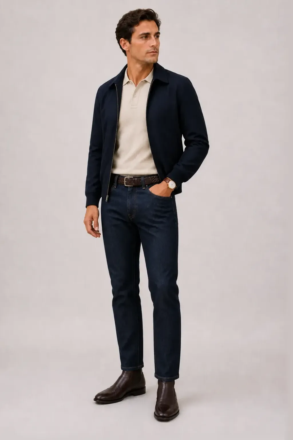 Harrington Blouson Navy über T-Shirt, dazu Jeans Navy und Chelsea Boot — Strickpolo Beige