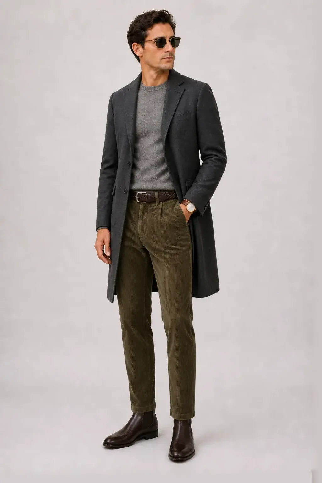 Langer Mantel Dunkelgrau über Crewneck-Pullover Feinstrick, dazu Cordhose Oliv und Chelsea Boot