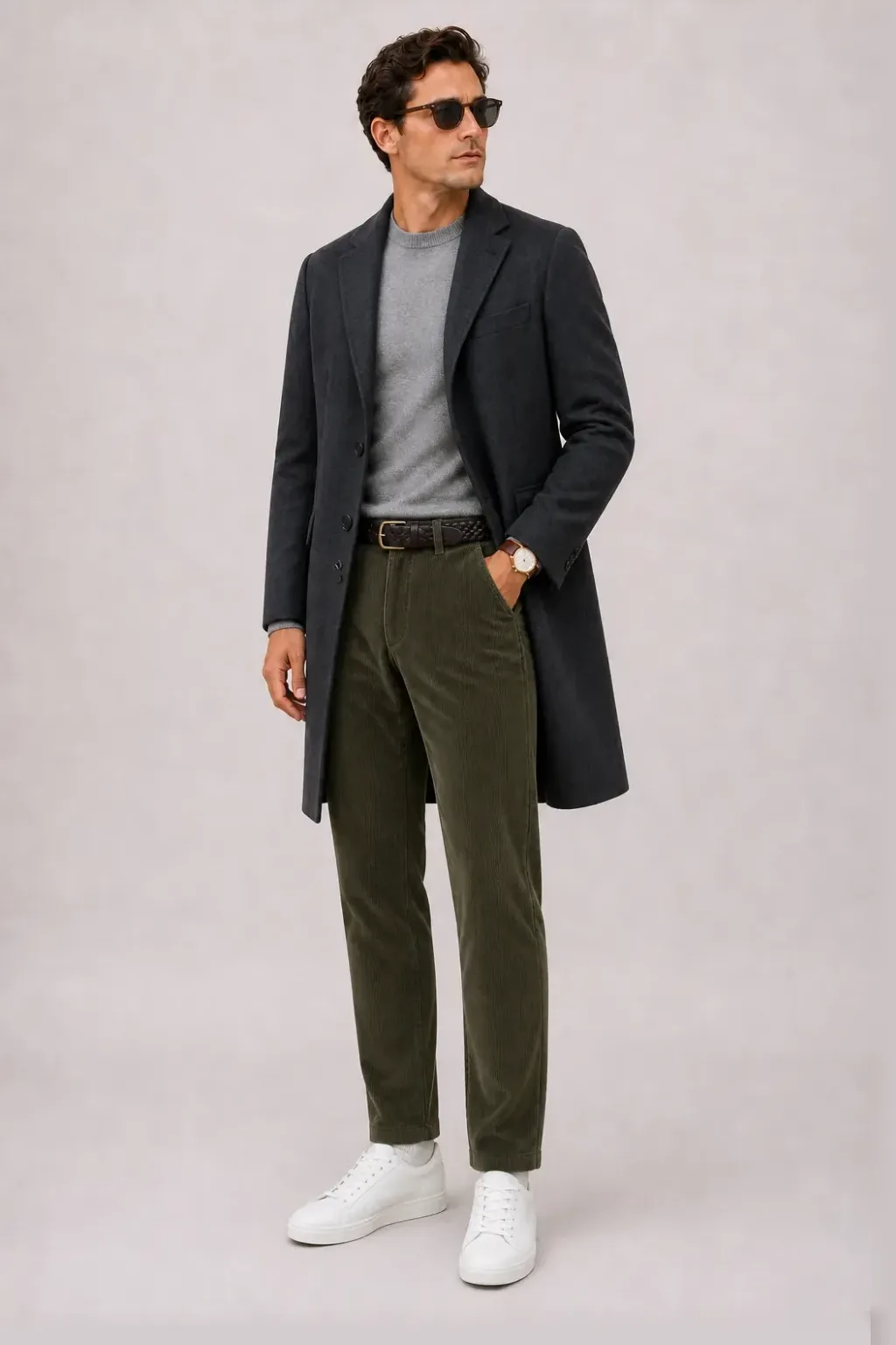 Langer Mantel Dunkelgrau über Crewneck-Pullover Feinstrick, dazu Cordhose Oliv und Chelsea Boot