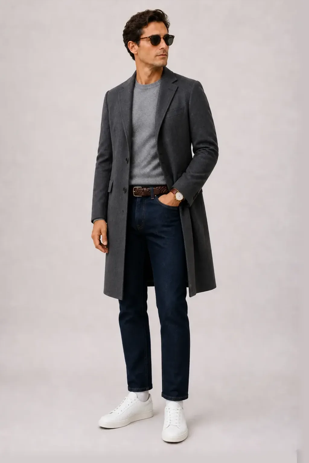 Langer Mantel Dunkelgrau über Crewneck-Pullover Feinstrick, dazu Jeans Navy und Sneaker
