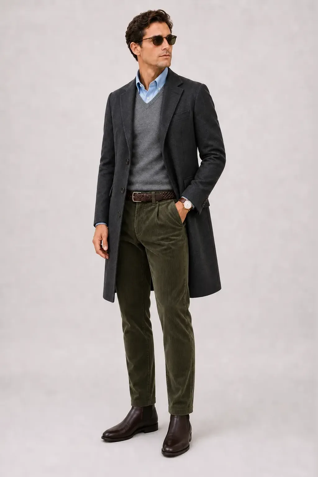 Langer Mantel Dunkelgrau über V-Neck-Pullover Feinstrick, dazu Cordhose Oliv und Chelsea Boot