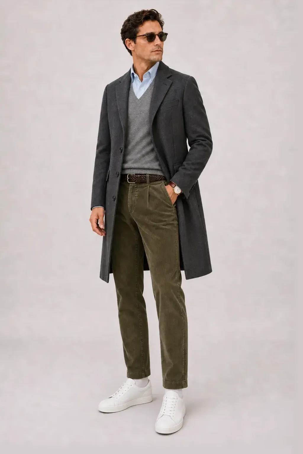 Langer Mantel Dunkelgrau über V-Neck-Pullover Feinstrick, dazu Cordhose Oliv und Chelsea Boot