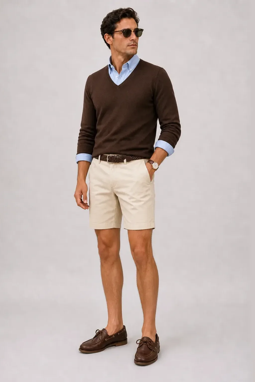 V-Neck-Pullover Feinstrick Schokobraun über Button-Down-Hemd, dazu Chino-Shorts Beige und Penny Loafer Wildleder