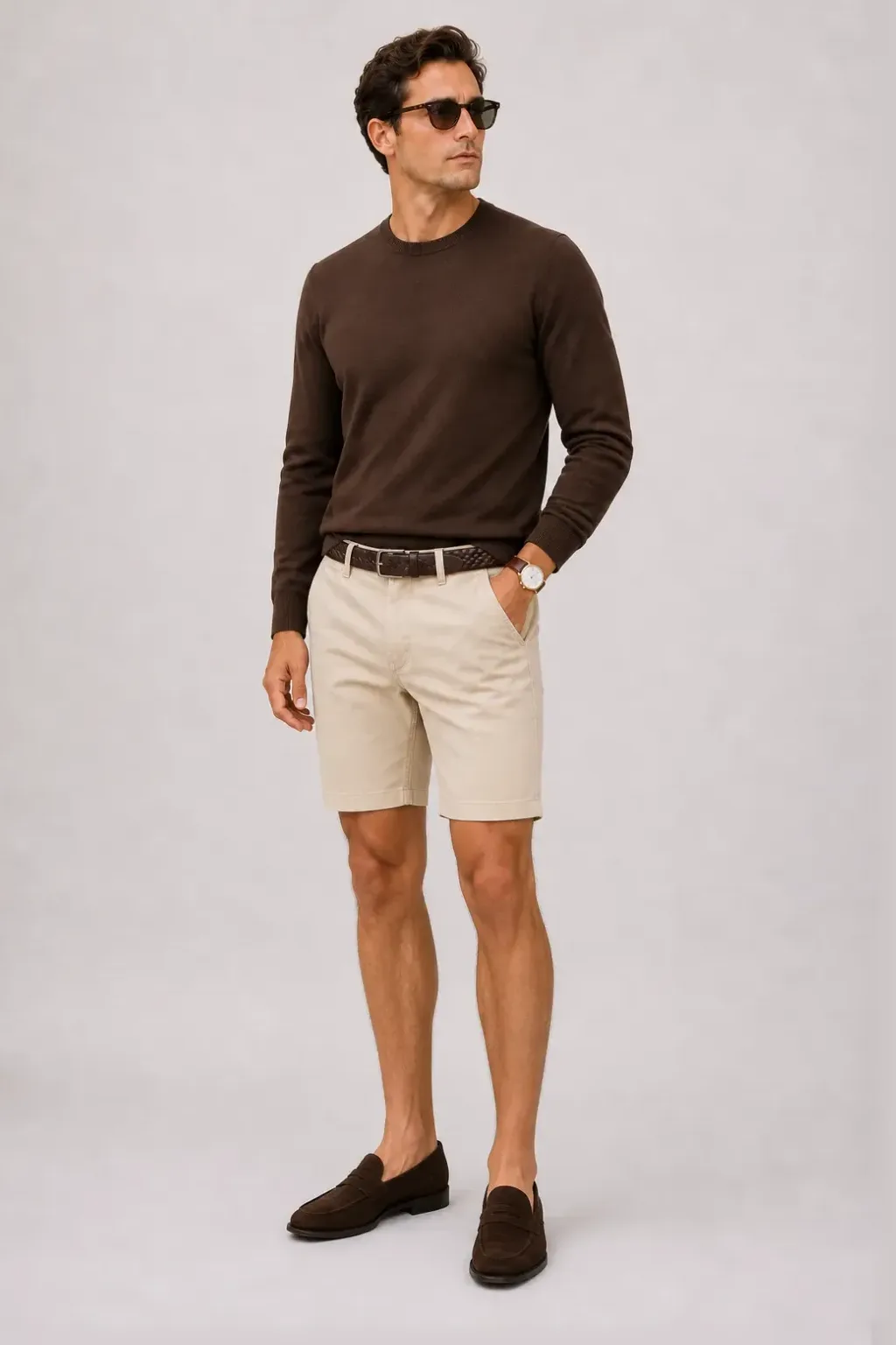 Crewneck-Pullover Feinstrick Schokobraun, dazu Chino-Shorts Beige und Penny Loafer Wildleder