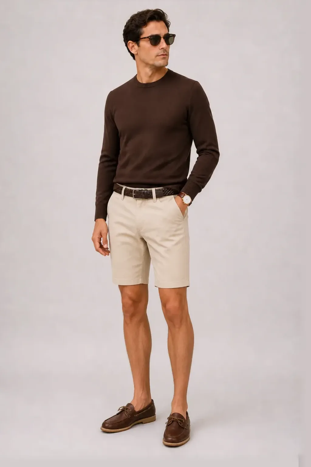Crewneck-Pullover Feinstrick Schokobraun, dazu Chino-Shorts Beige und Penny Loafer Wildleder