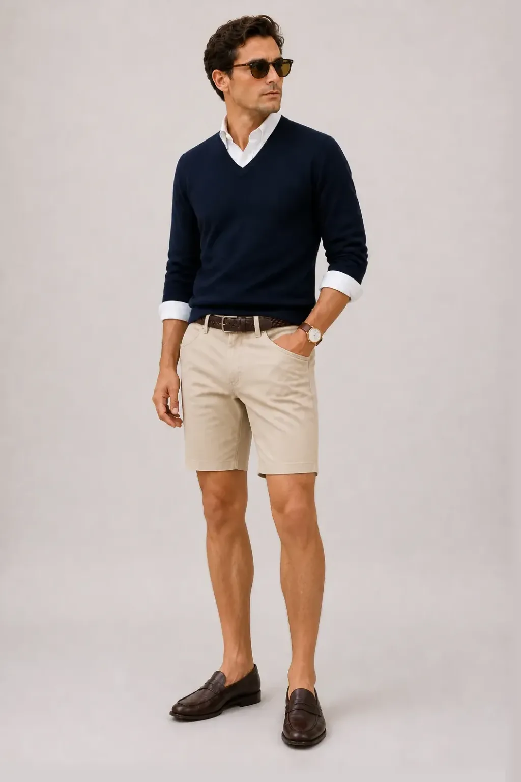 V-Neck-Pullover Feinstrick Navy über Button-Down-Hemd, dazu Chino-Shorts Beige und Penny Loafer