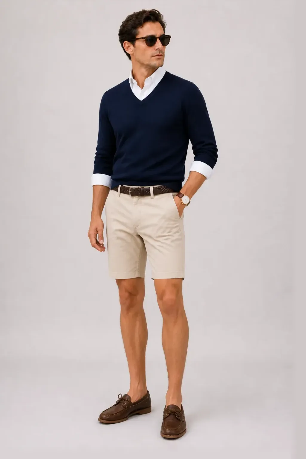 V-Neck-Pullover Feinstrick Navy über Button-Down-Hemd, dazu Chino-Shorts Beige und Penny Loafer