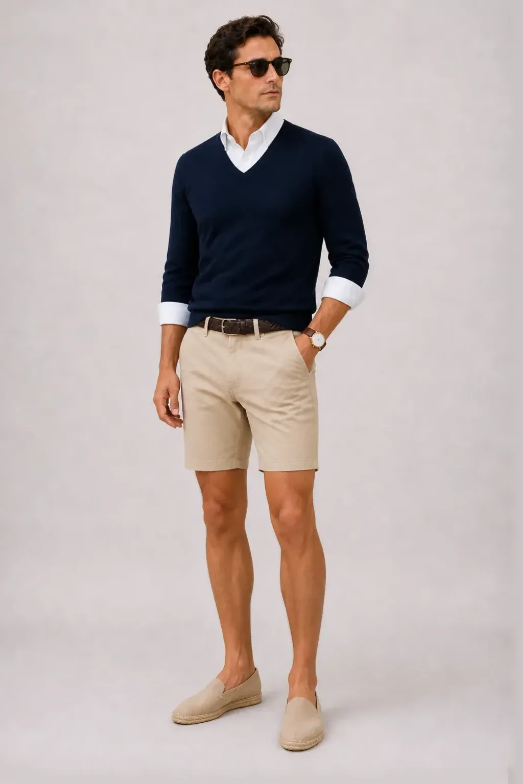 V-Neck-Pullover Feinstrick Navy über Button-Down-Hemd, dazu Chino-Shorts Beige und Penny Loafer — Espadrille Beige