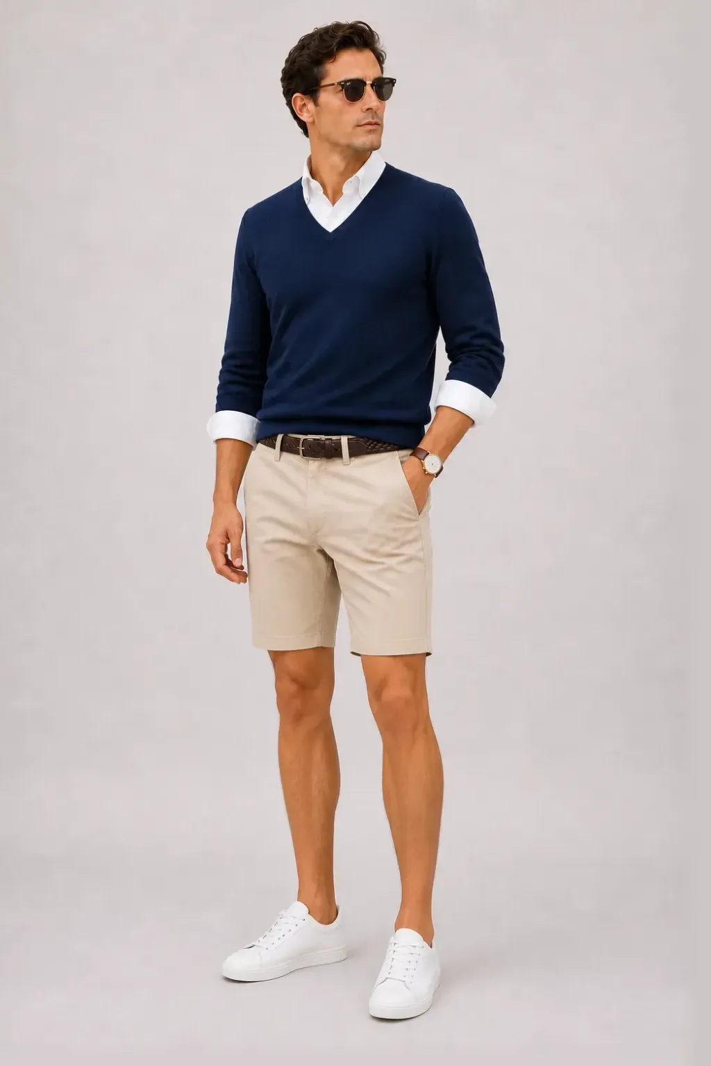 V-Neck-Pullover Feinstrick Navy über Button-Down-Hemd, dazu Chino-Shorts Beige und Penny Loafer — Sneaker Weiss