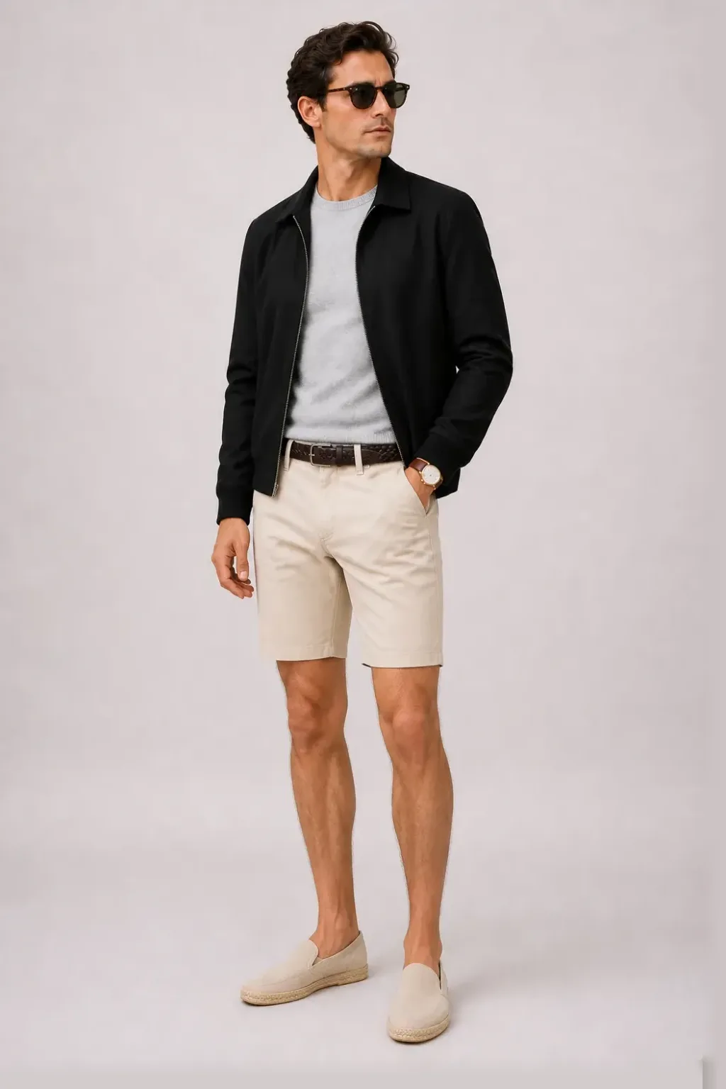 Harrington Blouson Schwarz über Crewneck-Pullover Feinstrick, dazu Chino-Shorts Beige und Espadrille