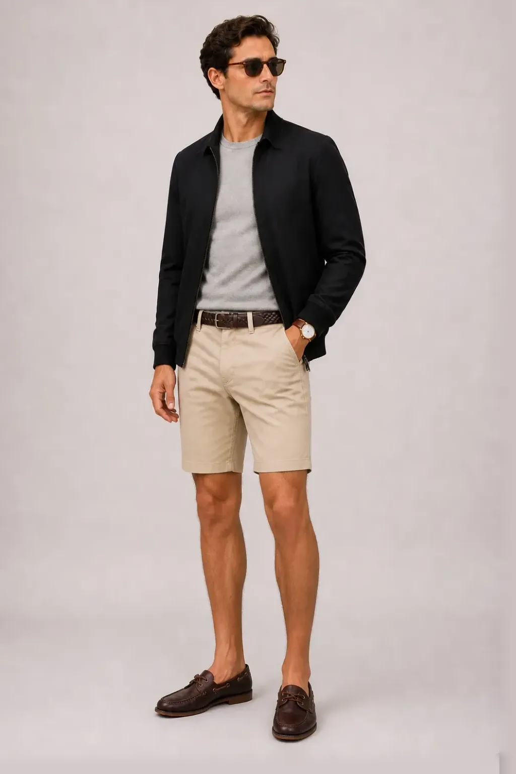 Harrington Blouson Schwarz über Crewneck-Pullover Feinstrick, dazu Chino-Shorts Beige und Espadrille — Bootsschuh Dunkelbraun