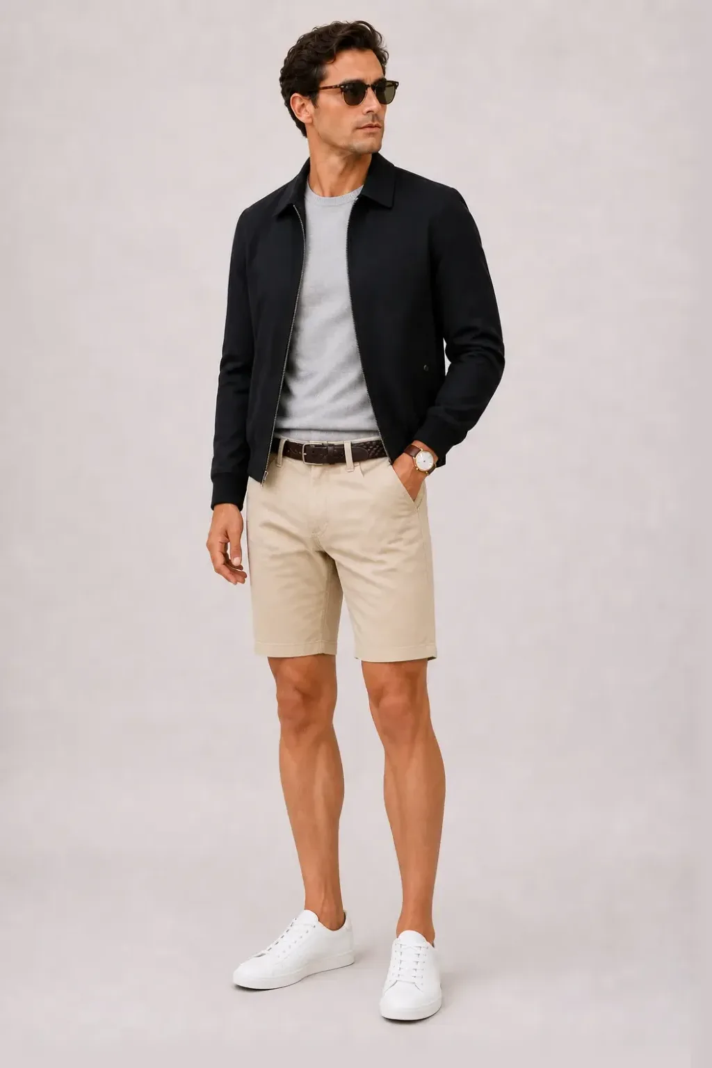 Harrington Blouson Schwarz über Crewneck-Pullover Feinstrick, dazu Chino-Shorts Beige und Espadrille — Sneaker Weiss