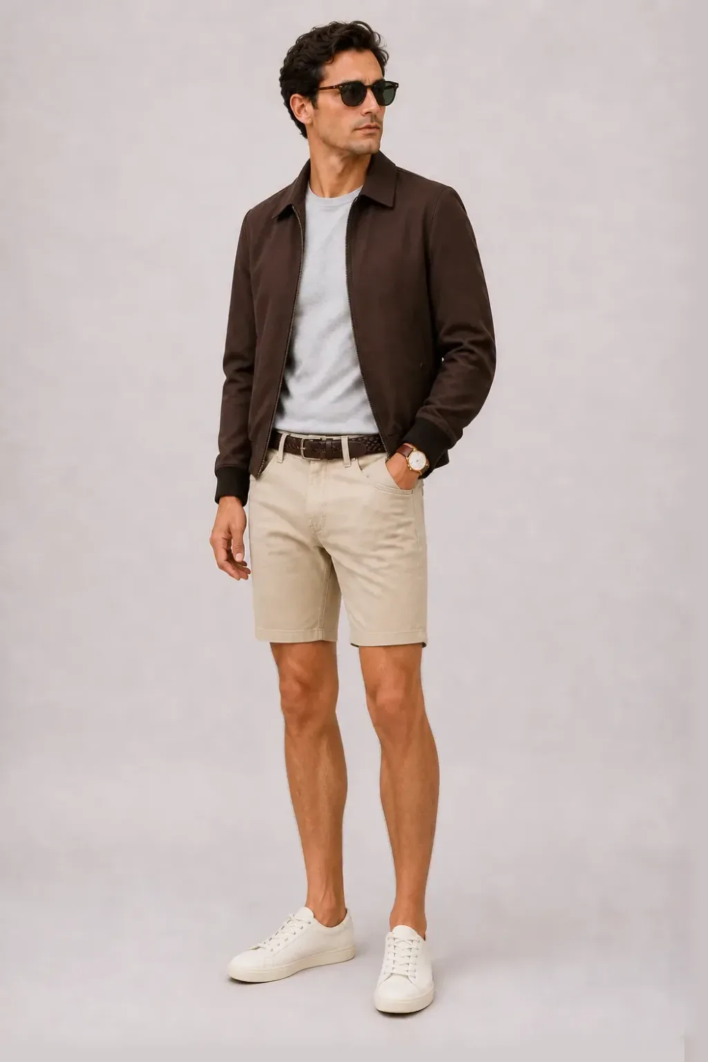 Harrington Blouson Dunkelbraun über T-Shirt, dazu Chino-Shorts Beige und Canvas Sneaker