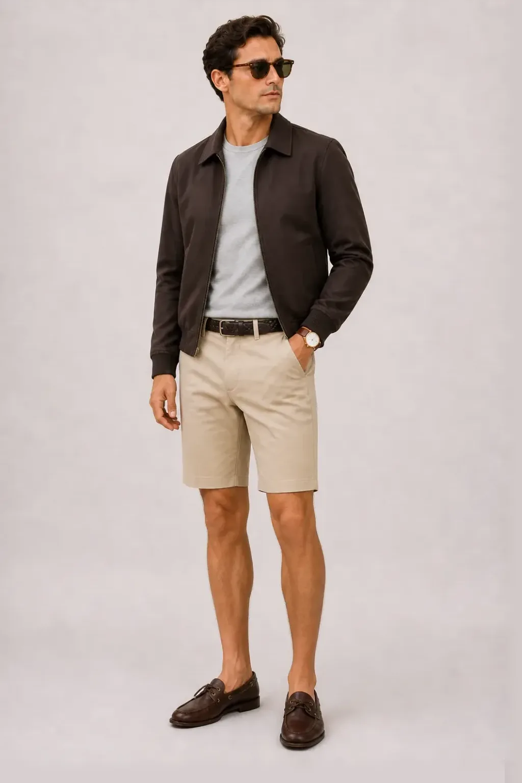 Harrington Blouson Dunkelbraun über T-Shirt, dazu Chino-Shorts Beige und Canvas Sneaker