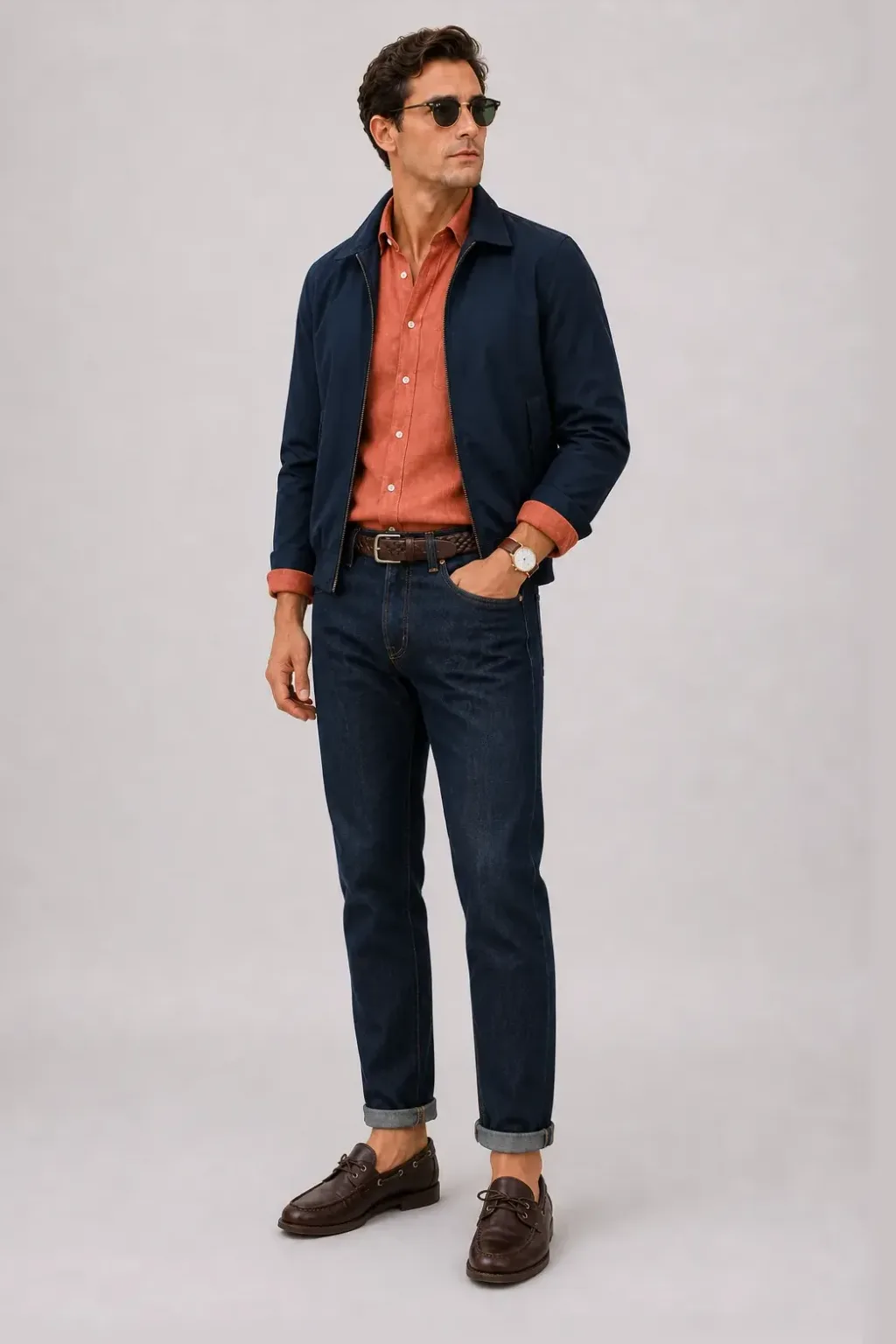 Harrington Blouson Navy über Leinenhemd, dazu Jeans Navy und Bootsschuh